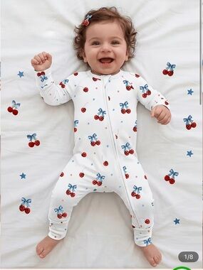 Cherry-Print Footie Romper with Blue Bows